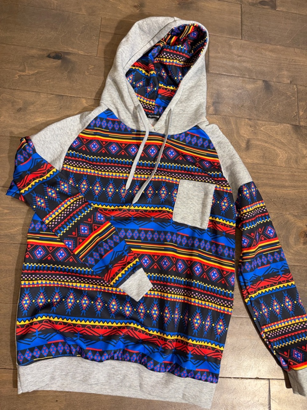 Men's Crewneck Hoodie with Multicolor Aztec Pattern and Grey Trim